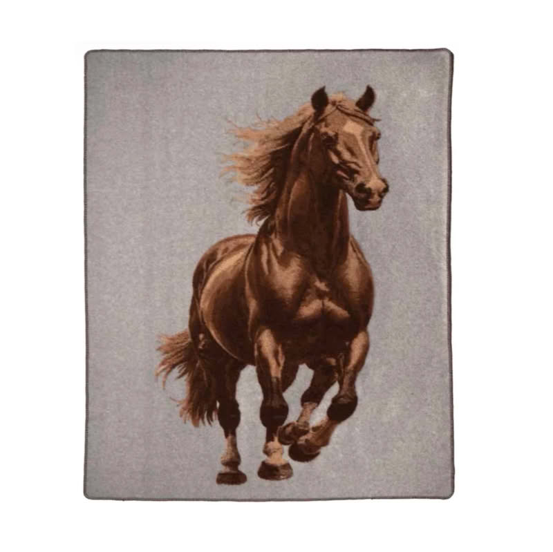 Coperta in lana cotta fatta in Italia decorata con cavallo su tutta la lunghezza della coperta su fondo grigio, lavabile in lavatrice - una calda coperta per letto o divano perfetta come idea regalo di Natale